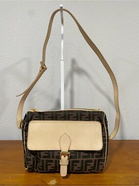 Designer-Inspired Brown Monogram Crossbody with Beige Trim